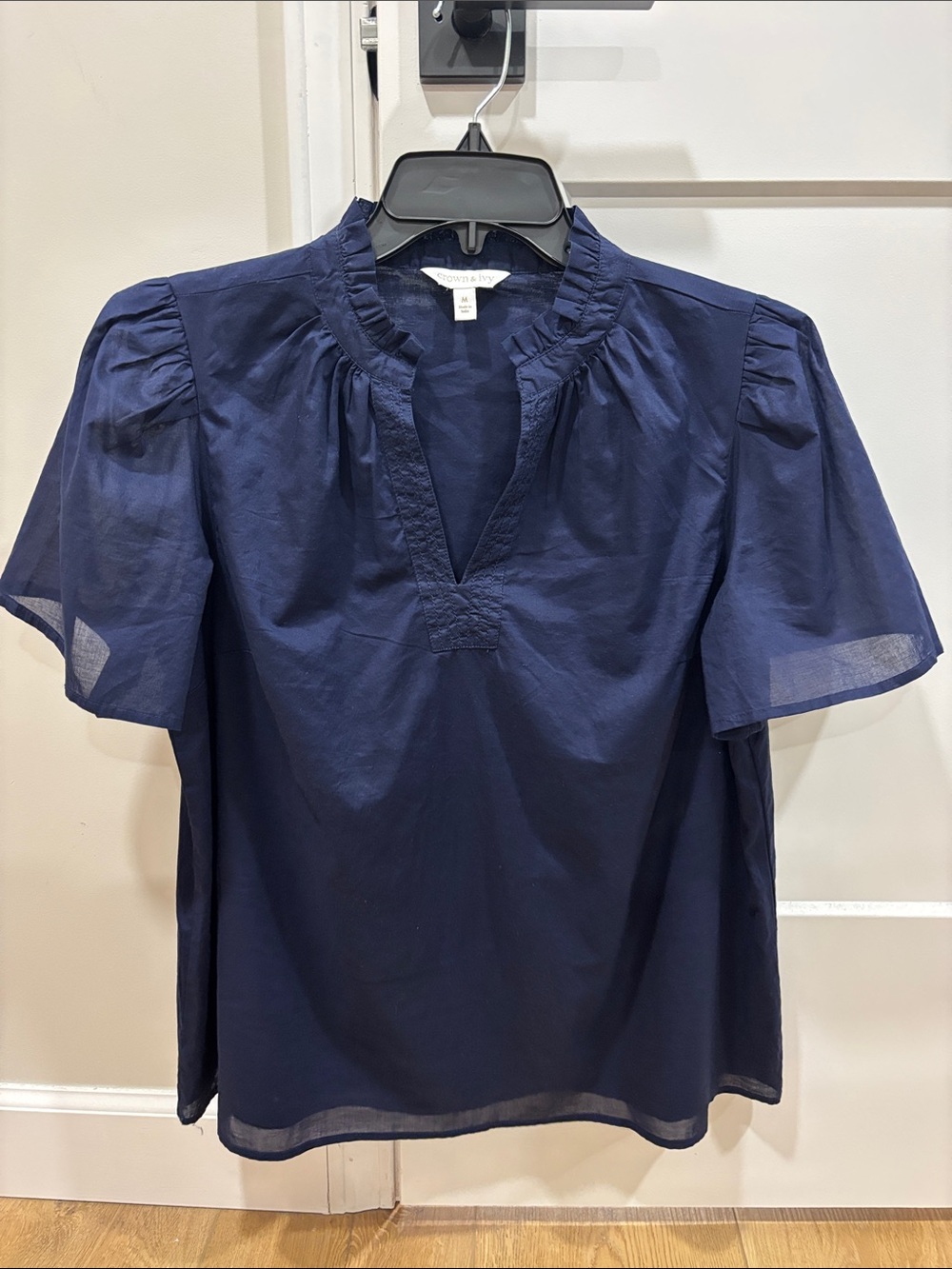 Crown & Ivy Navy Ruffle Neck Short Sleeve Blouse